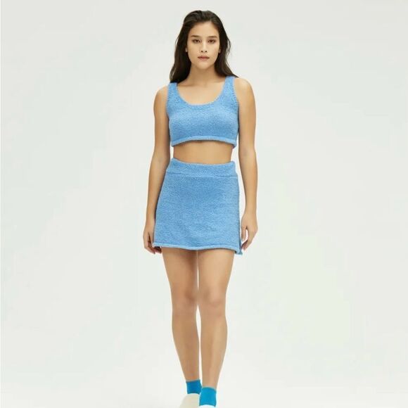NWT Cider Fuzzy Blue Fleece Knit scoop crop top & mini skirt matching set S/4 - Picture 1 of 4
